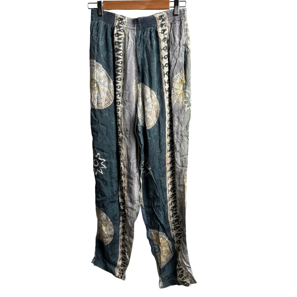 VTG Globe Trotter Rayon Boho Mandala Print Tapered Pants Blue Gray Hippie 90s L
